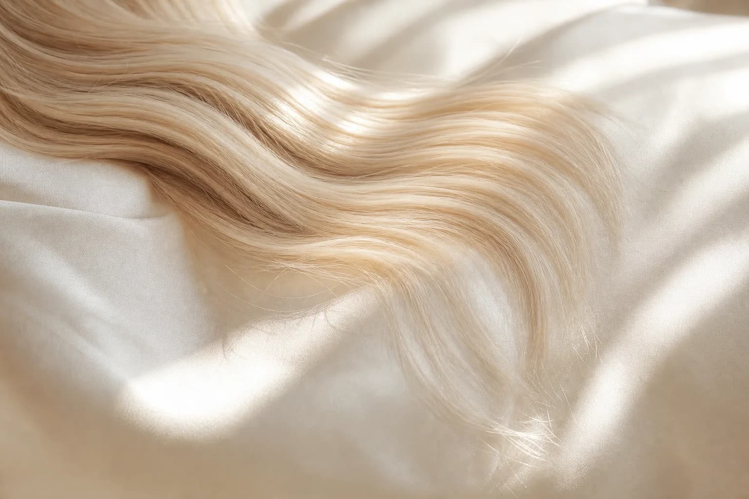Odbarvené blond vlasy rozprostřené na hedvábí